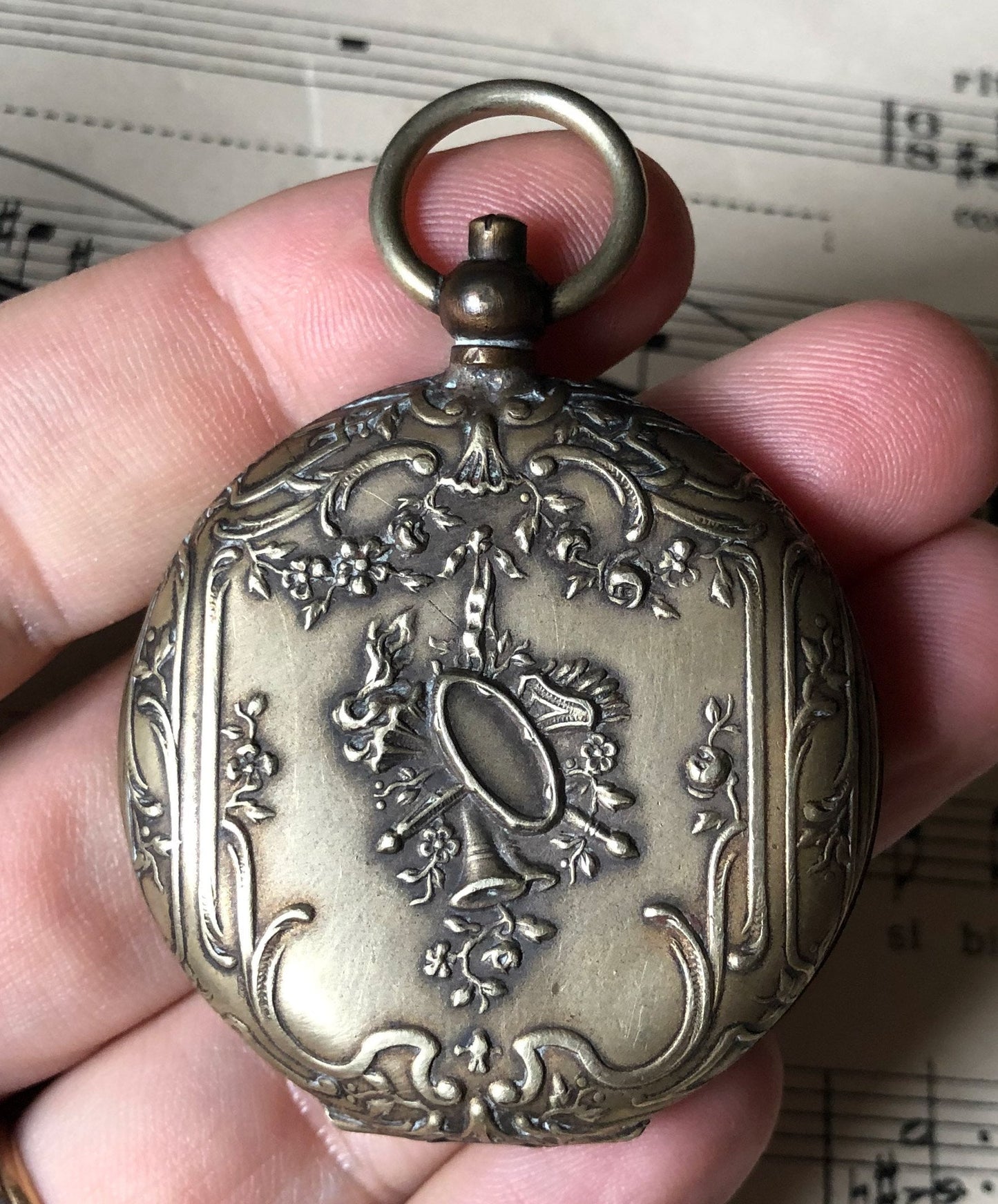 Antique French Art Nouveau Pendant Locket Music Flowers c1900