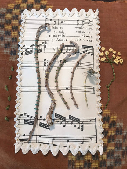 Fennel Forefathers shadow box with fennel roots, embroidery and vintage Japanese kimono silk