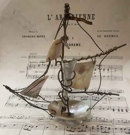 Rare Antique French Mother of Pearl Boat Souvenir of Cherbourg c1880