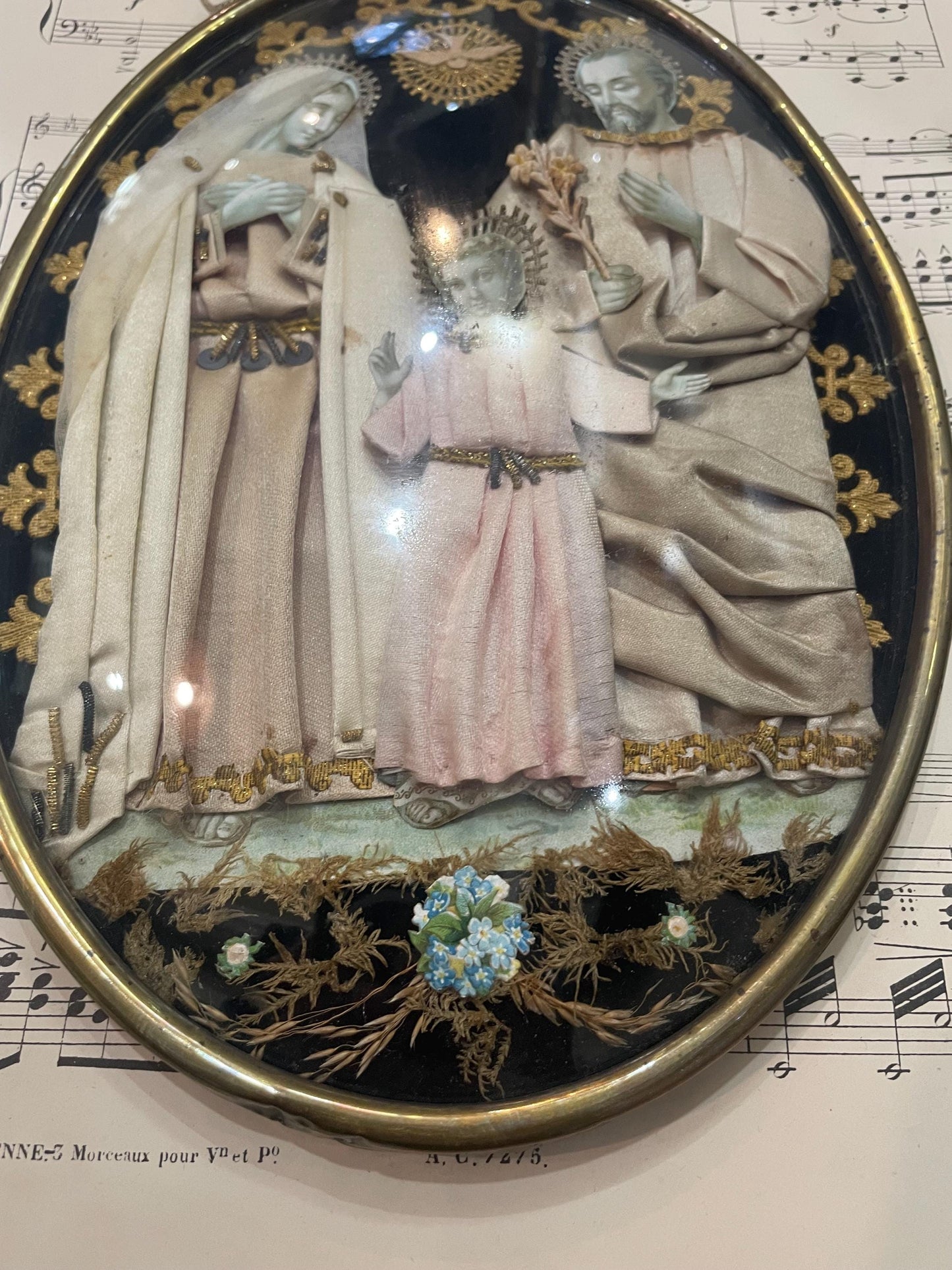Rare Large Antique French Reliquary / Ex Voto Holy Family Silk Embroidery Domed Glass c1880