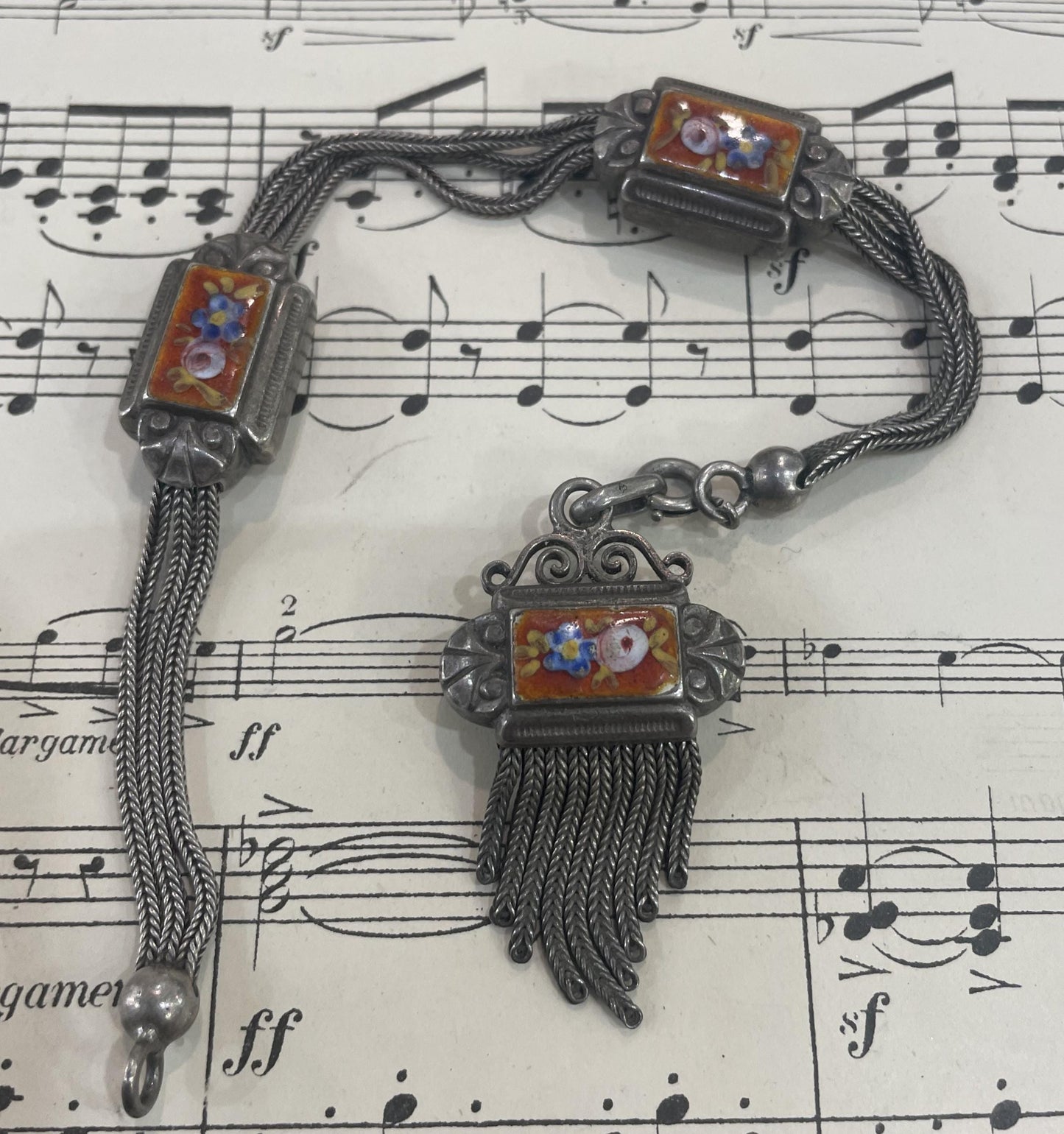 Rare Antique French Enameled Sterling Silver Pocket Watch Chain c1890