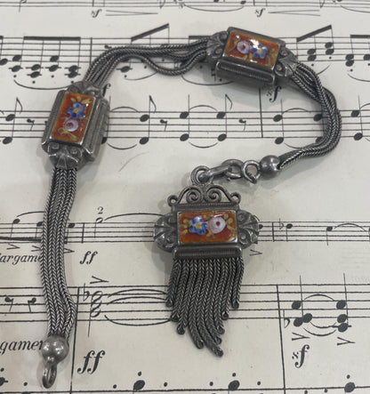 Rare Antique French Enameled Sterling Silver Pocket Watch Chain c1890