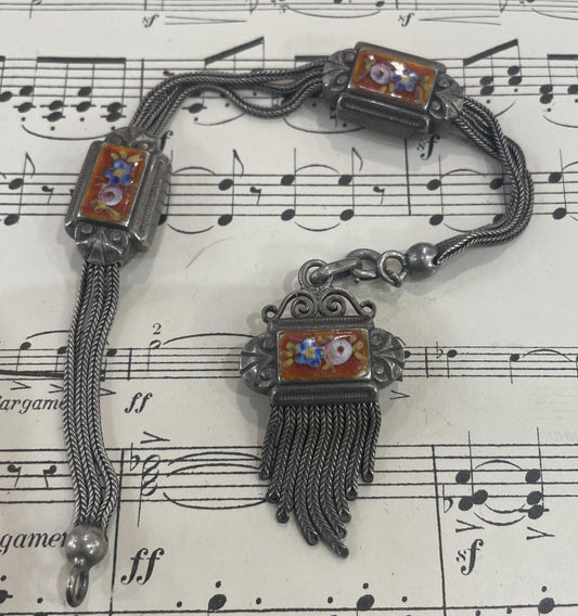 Rare Antique French Enameled Sterling Silver Pocket Watch Chain c1890