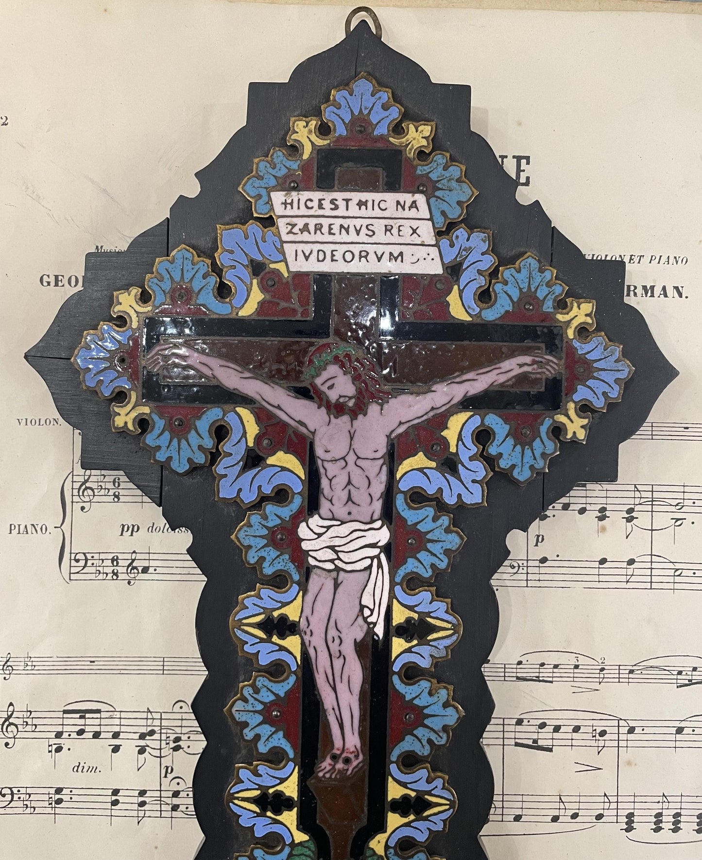 Rare Large Antique French Champleve Enamel Wood Holy Water Font Jesus c1880