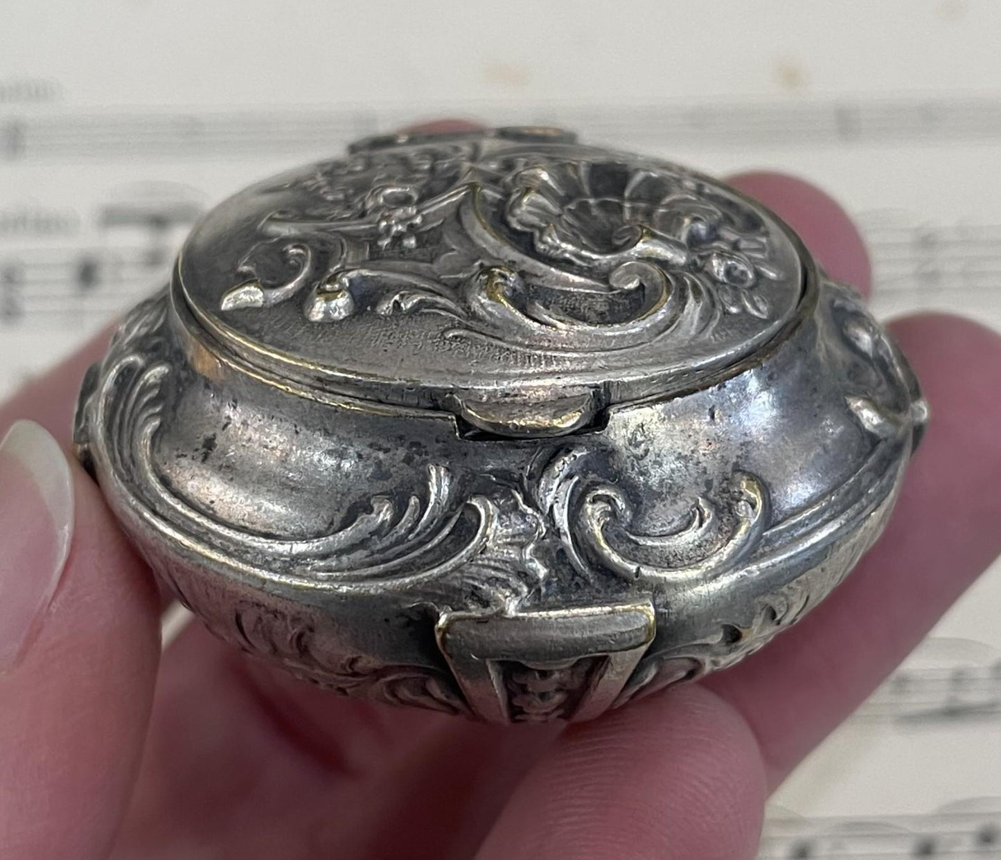 Antique French Pill Box Powder Puff with Mirror Flowers c1900