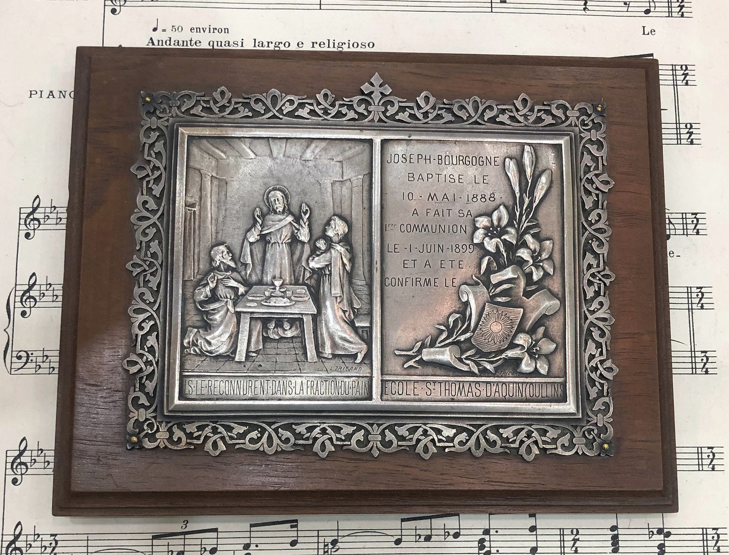 Rare Antique French First Communion Religious Plaque Stand Signed Tricard c1899