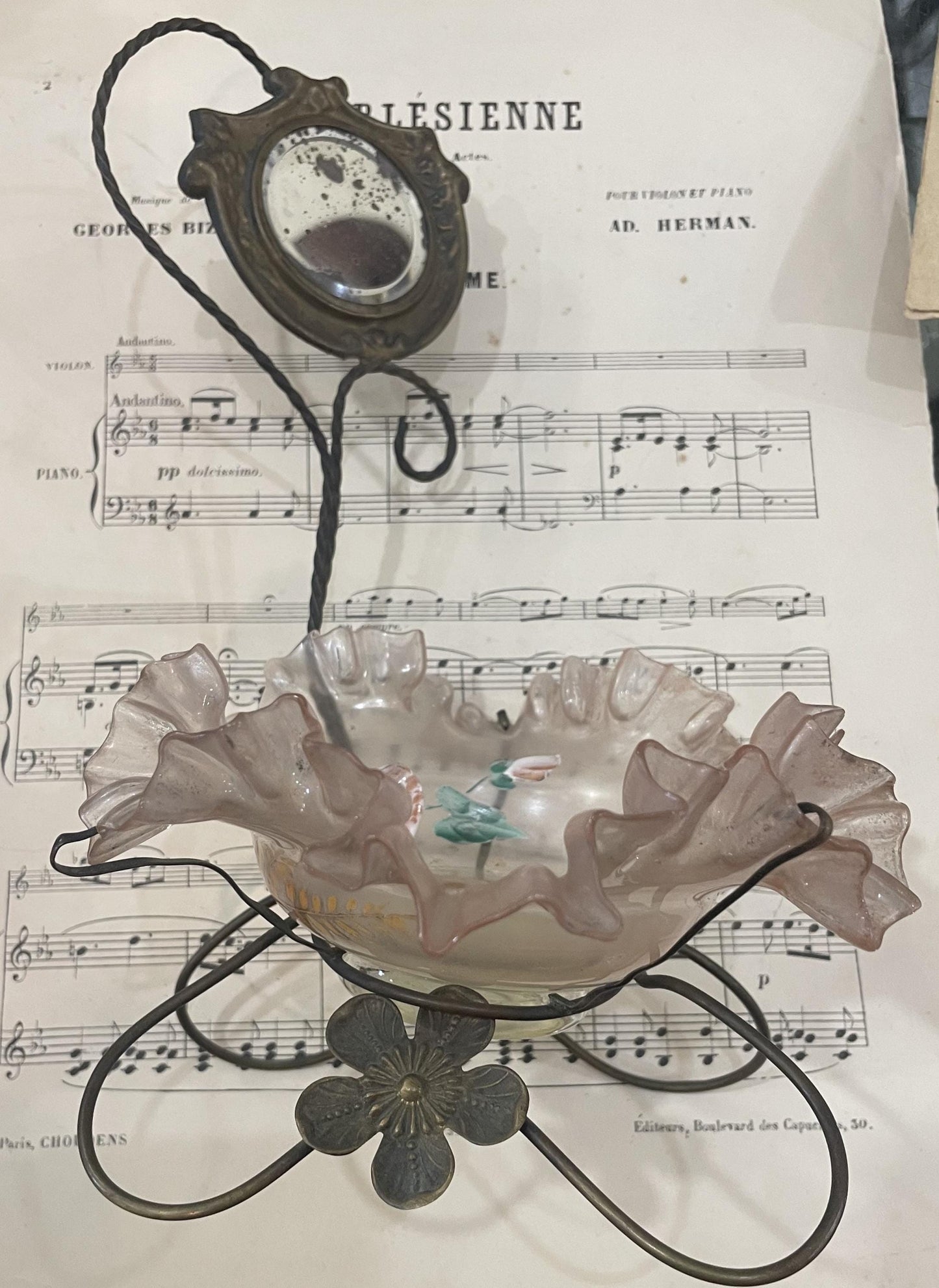 Rare Antique French Pocket Watch Holder Mirror Glass Tray c1880