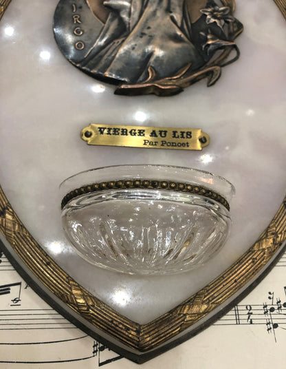 Large Antique French Art Nouveau Bronze Onyx Holy Water Font Virgin Mary Lily by Poncet c1900