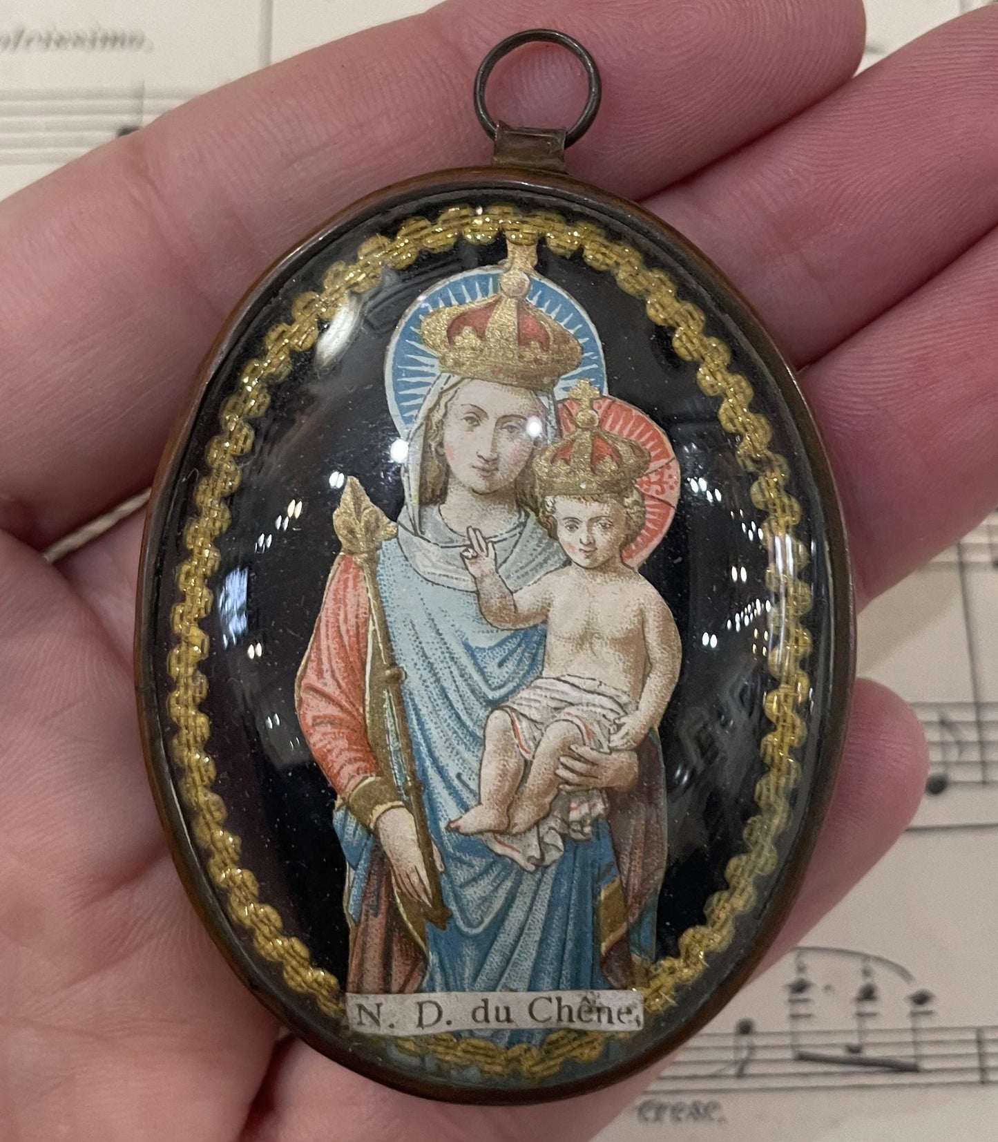 Small Antique French Reliquary / Ex Voto Madonna & Child under Domed Glass c1880