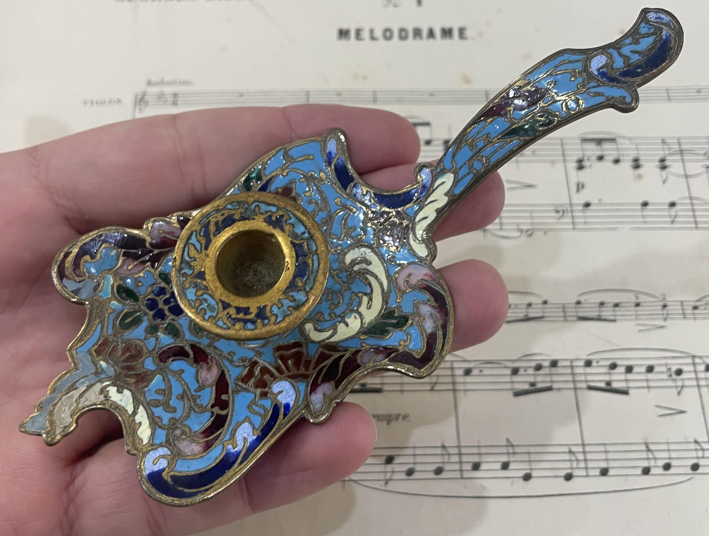 Small Antique French Miniature Champleve Enamel Candlestick Holder c1880