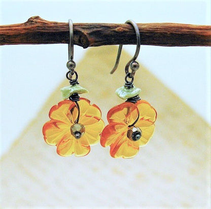Dangle Citrine Buttercup Blossom Earrings with pyrite, freshwater pearls and sterling