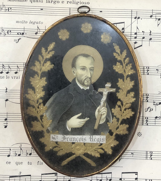 Antique French Reliquary / Ex Voto Saint Francis Regis under Glass c1880
