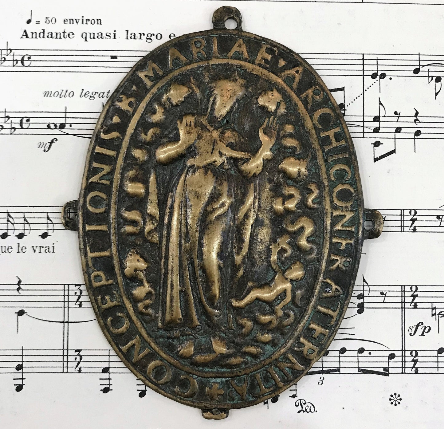 Rare Large Antique French Bronze Virgin Mary Icon Plaque Medal c1800