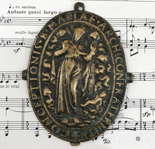 Rare Large Antique French Bronze Virgin Mary Icon Plaque Medal c1800