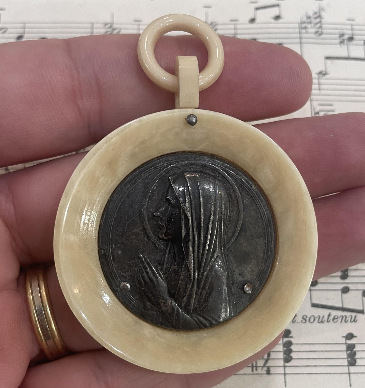 Antique French Crib Cradle Protector Virgin Mary Celluloid Baptism c1920