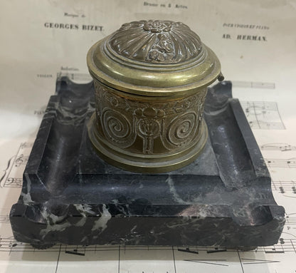 Antique French Art Nouveau Bronze Marble Inkwell c1900