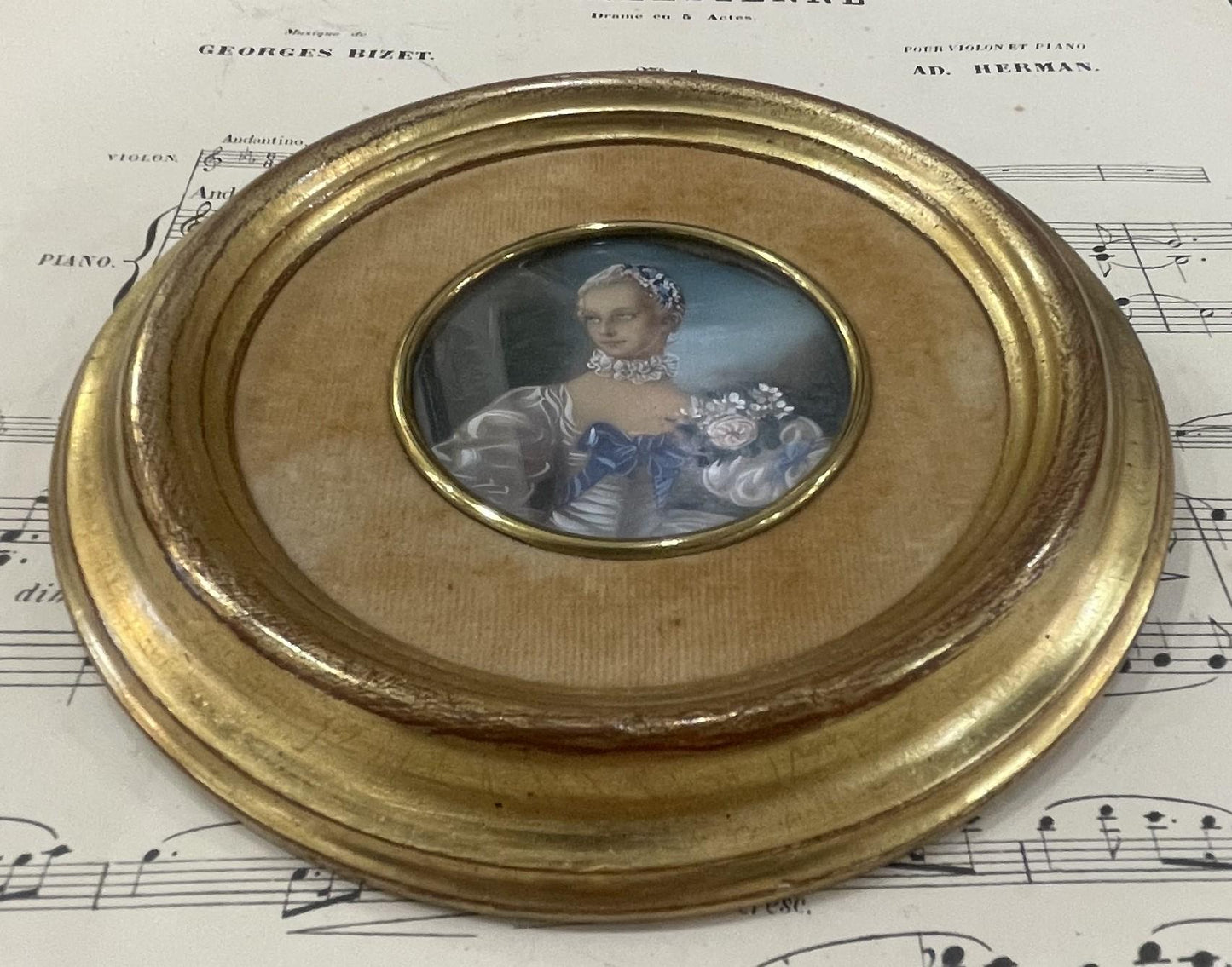 Antique French Miniature Woman Portrait Velvet Glass Flowers c1920