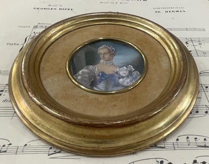 Antique French Miniature Woman Portrait Velvet Glass Flowers c1920