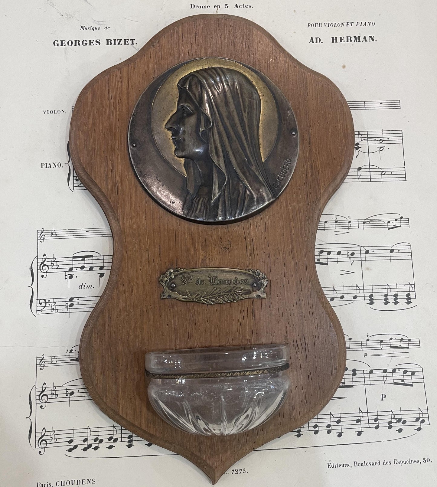 Antique French Art Nouveau Wooden Signed Holy Water Font Lourdes Virgin Mary c1920