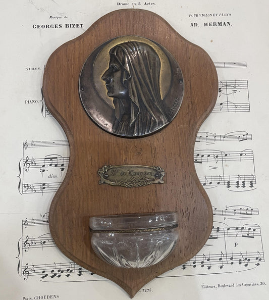 Antique French Art Nouveau Wooden Signed Holy Water Font Lourdes Virgin Mary c1920