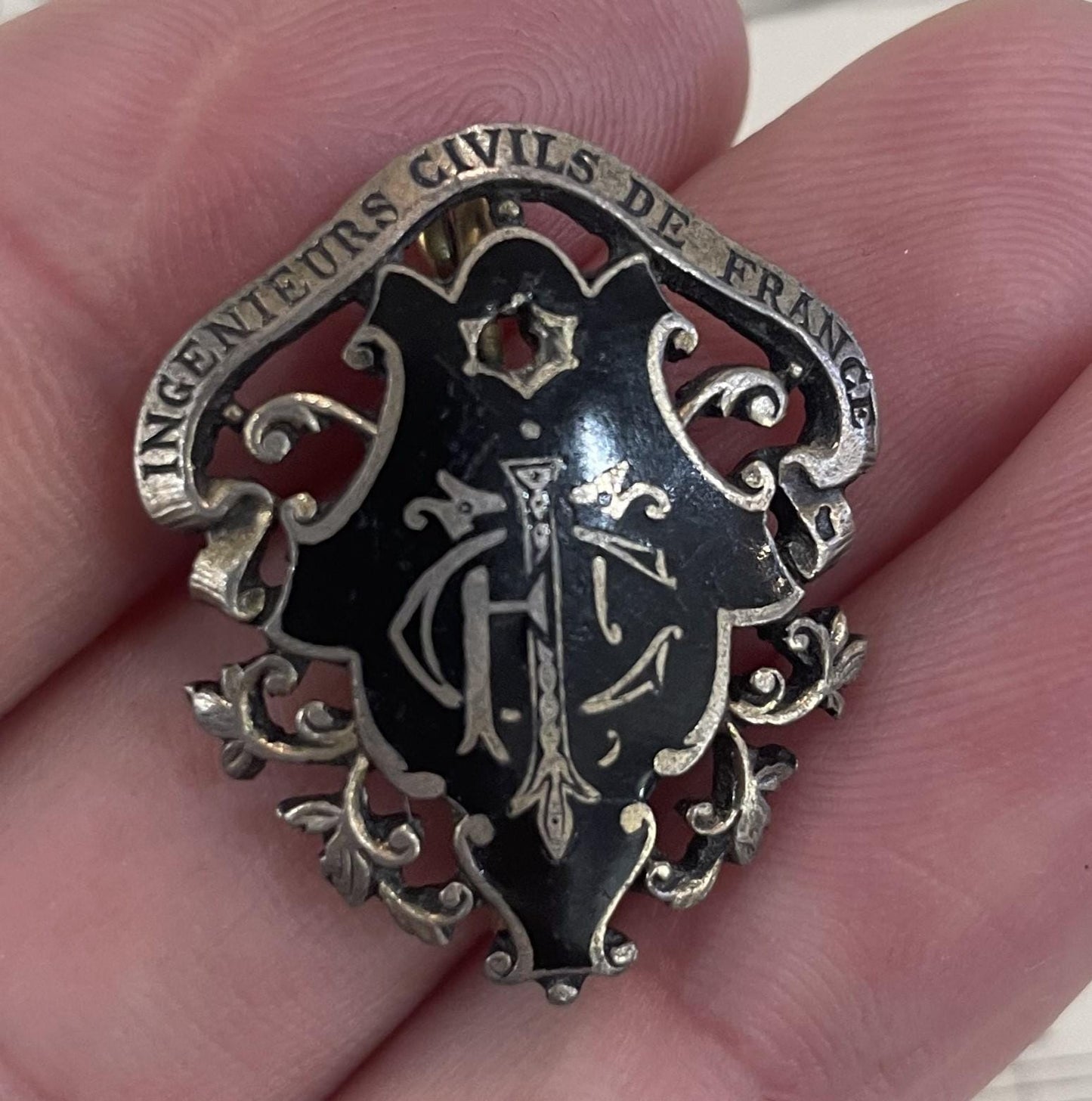 Antique Art Nouveau French Sterling Silver Enameled Brooch c1910