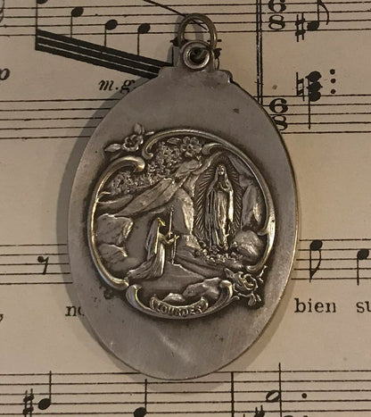 Antique French Art Nouveau Sliding Mirror Pendant Apparition of Lourdes c1900