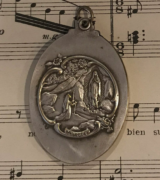 Antique French Art Nouveau Sliding Mirror Pendant Apparition of Lourdes c1900