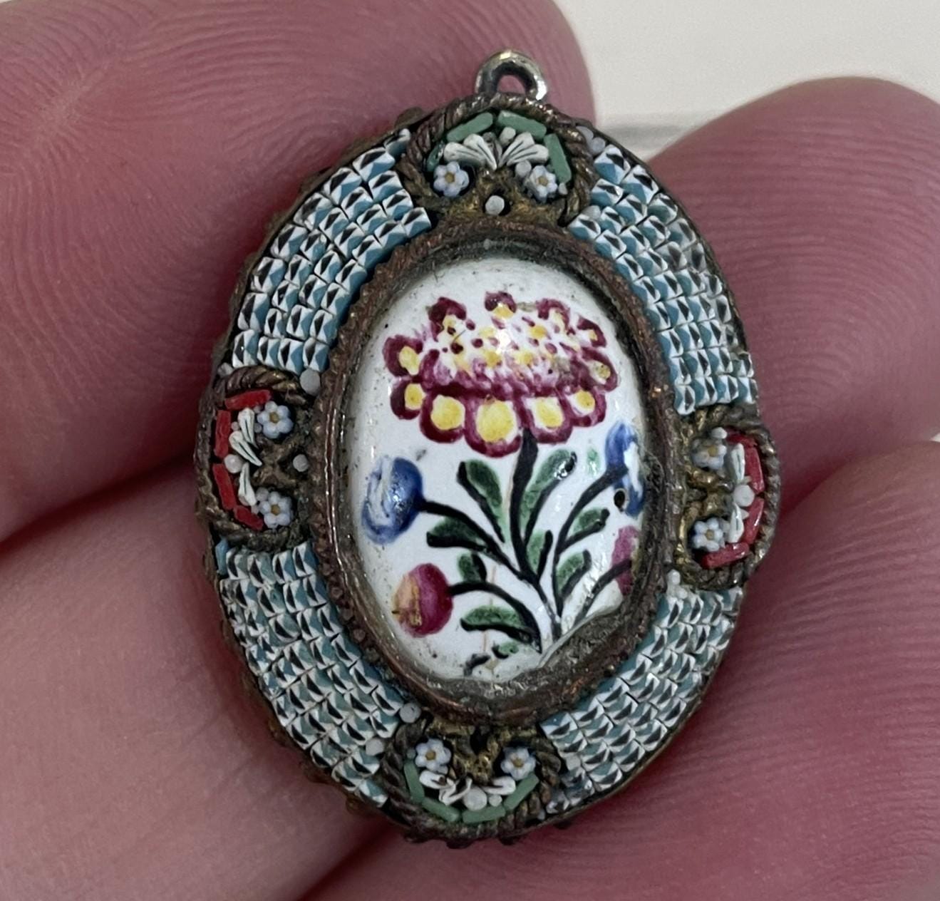 Rare Antique Italian Micromosaic Micro Mosaic With Porcelain Pendant c1900