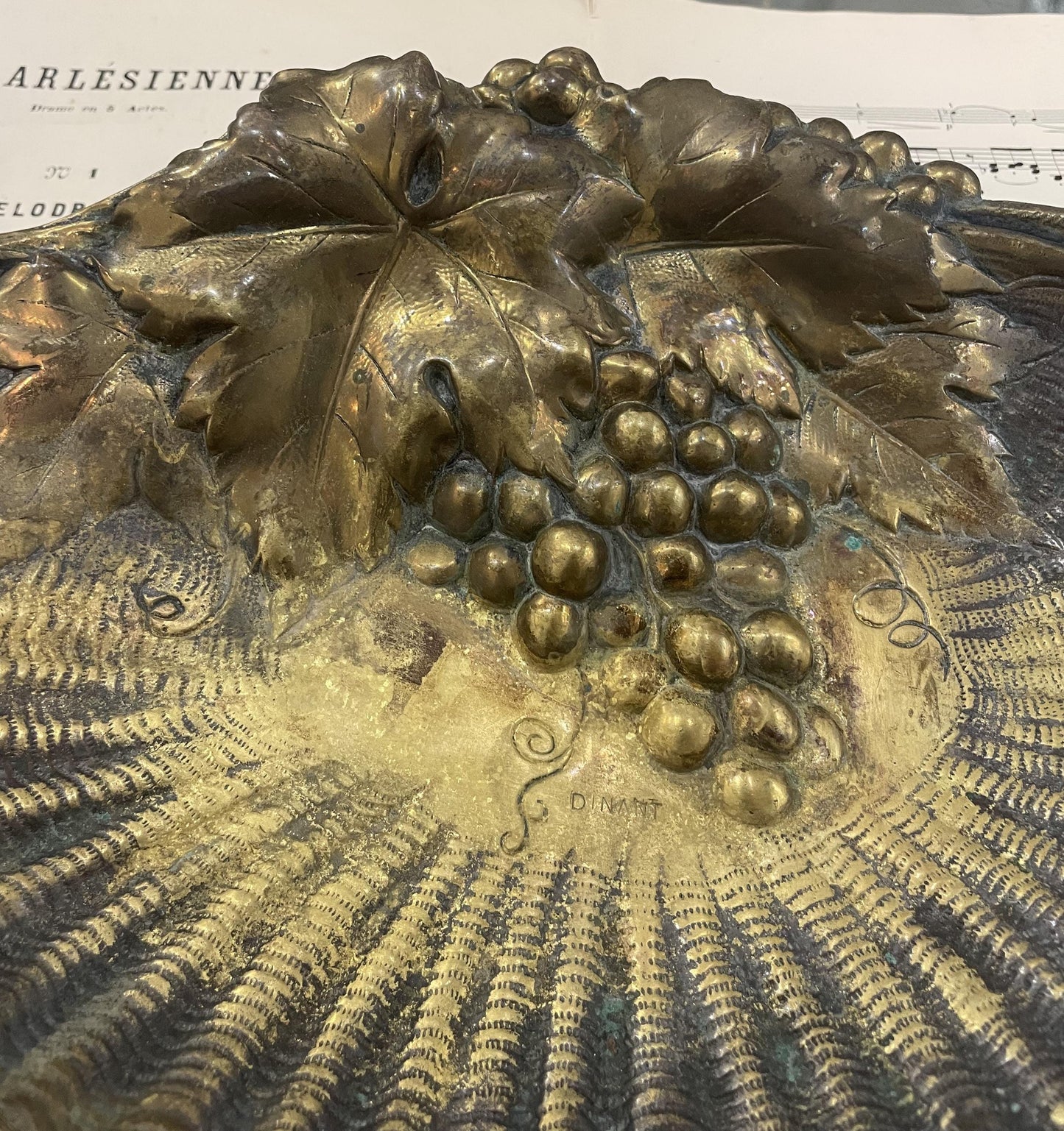 Large Antique French Art Nouveau Bronze Tray with Grapes c1900