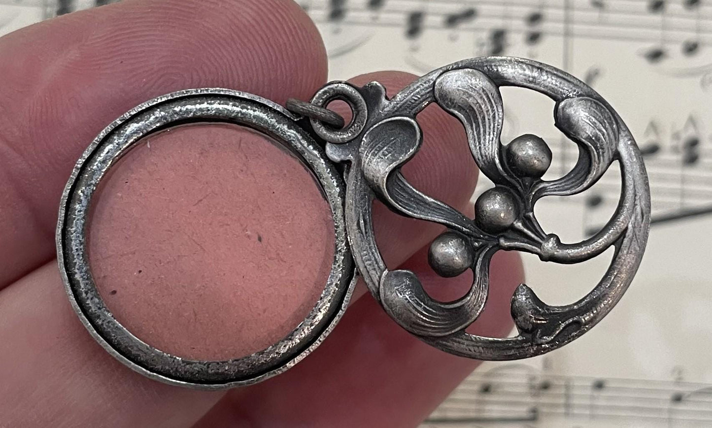 Antique French Art Nouveau Sliding Pendant Photo Holder Mistletoe c1920