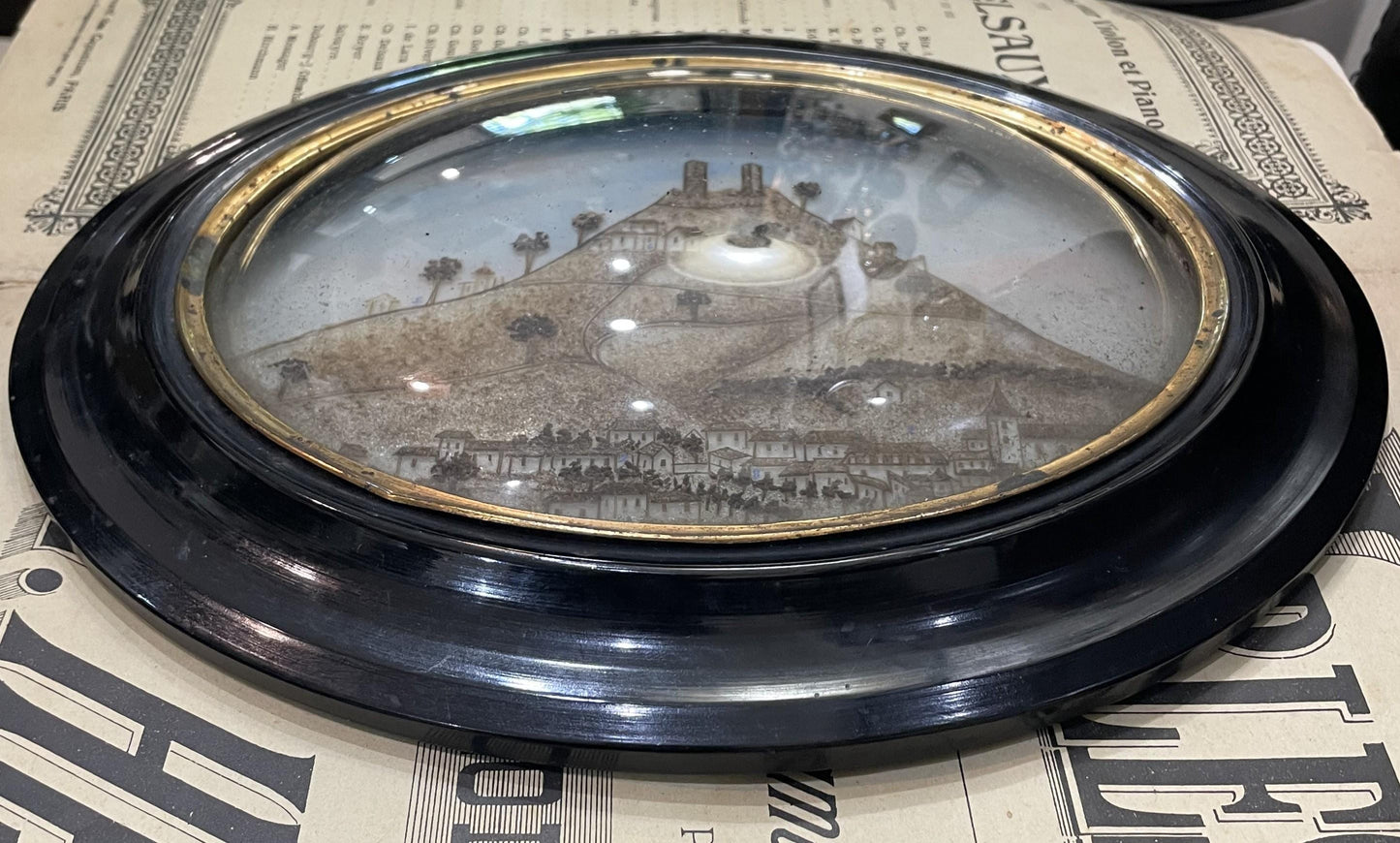 RARE Large Antique French Mourning Hair Art Domed Glass Wooden Frame Village Saint Cere c1860