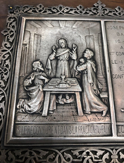 Rare Antique French First Communion Religious Plaque Stand Signed Tricard c1899