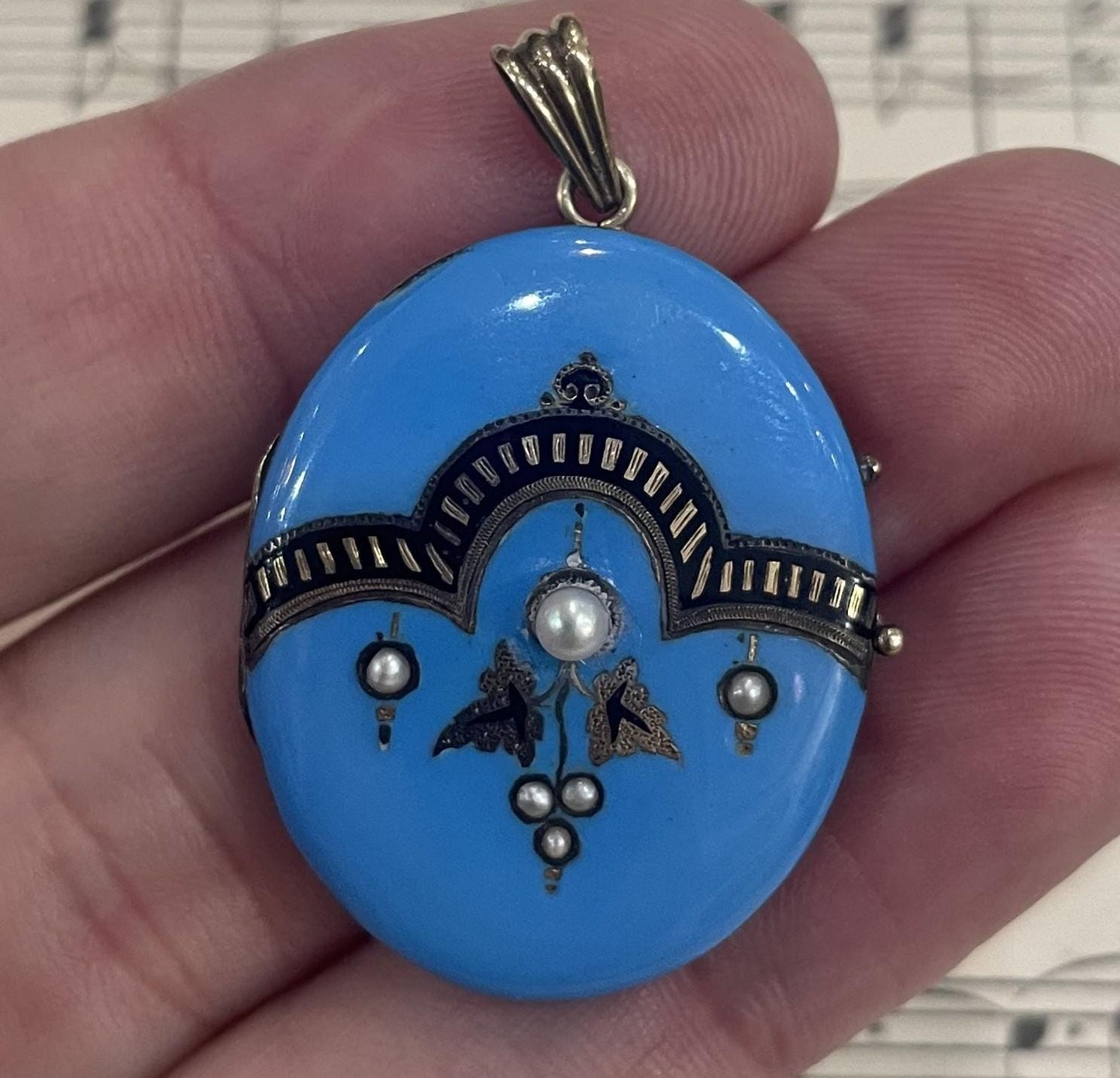 Rare Antique French Art Nouveau Enameled Locket Pendant cultured Pearls c1900