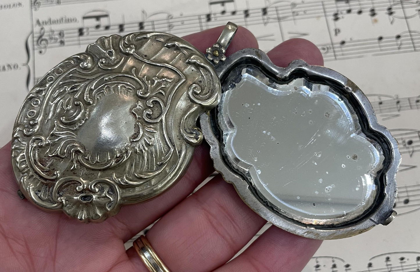 Rare Large Antique French Art Nouveau Silver Plated Sliding Mirror Pendant c1900