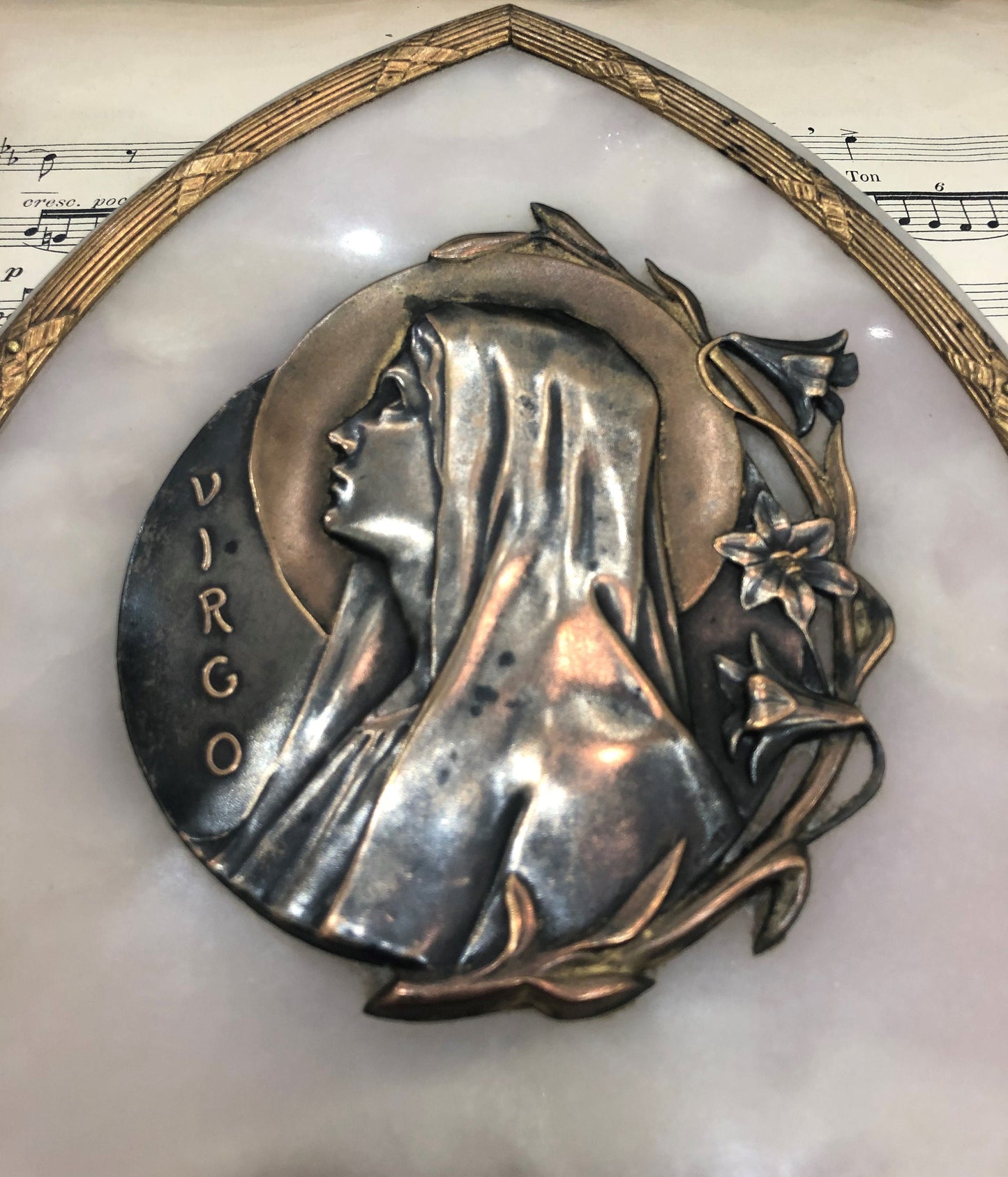 Large Antique French Art Nouveau Bronze Onyx Holy Water Font Virgin Mary Lily by Poncet c1900