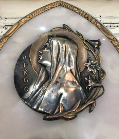 Large Antique French Art Nouveau Bronze Onyx Holy Water Font Virgin Mary Lily by Poncet c1900