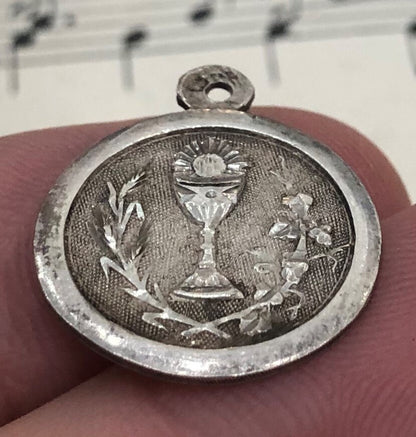 Antique French Art Nouveau Silver 800 First Communion Medal Chalice c1909