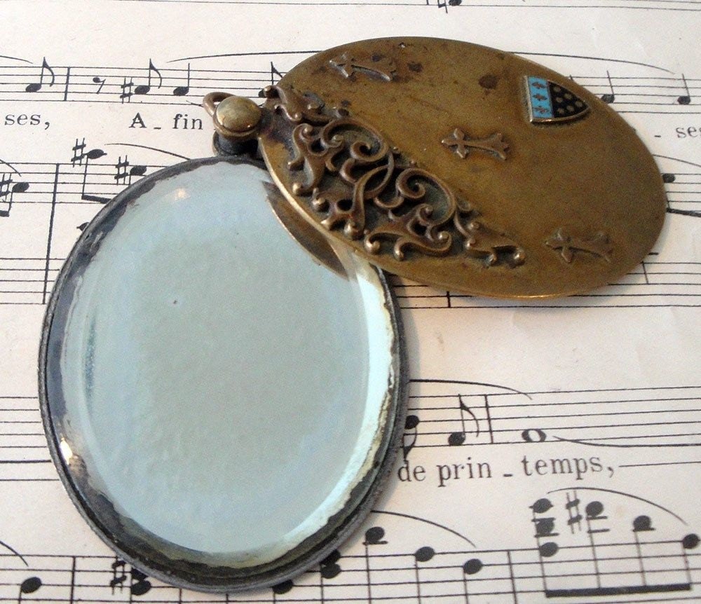Antique French Art Nouveau sliding mirror pendant with enameled shield c1910