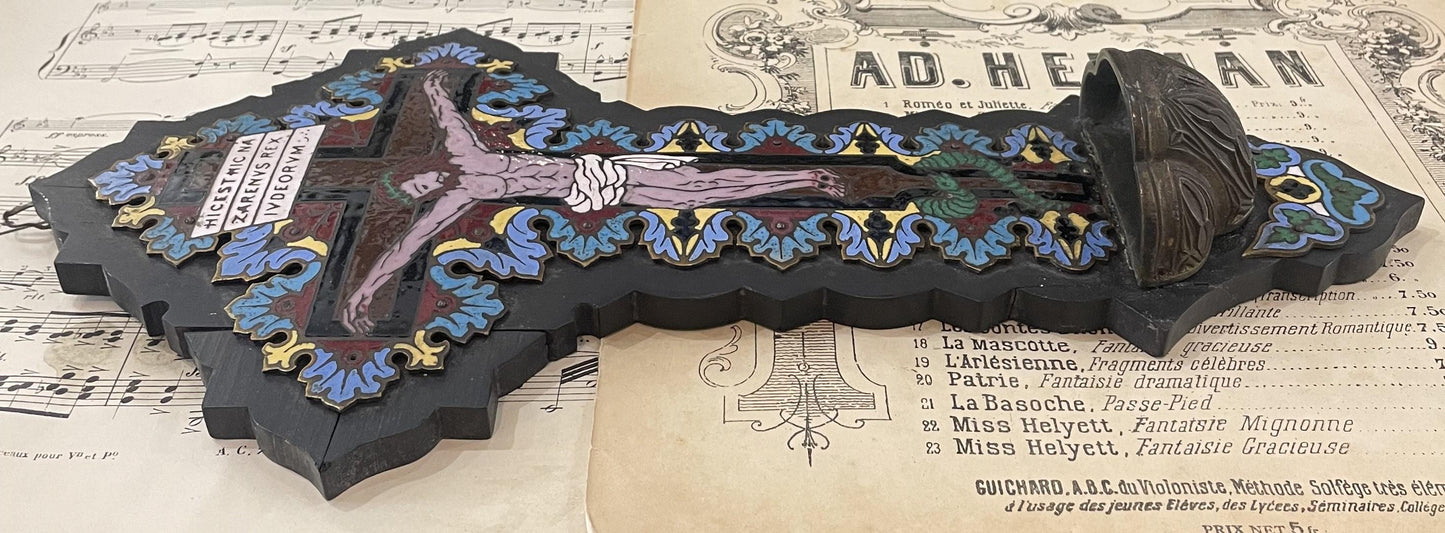 Rare Large Antique French Champleve Enamel Wood Holy Water Font Jesus c1880