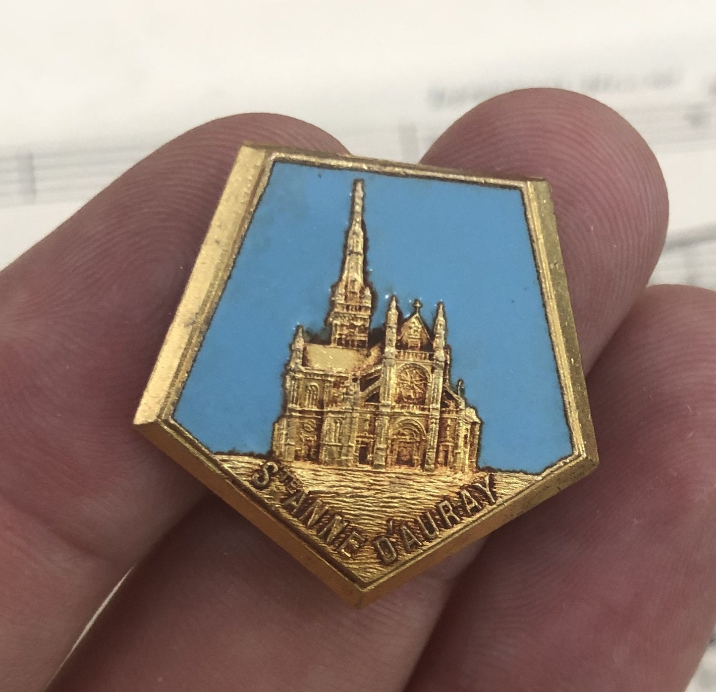 Antique French Enameled Saint Anne d'Auray Basilica Pin / Brooch c1930