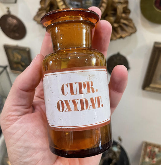 Small Antique French Apothecary Bottle Amber Glass Cupr. Oxydat. c1880