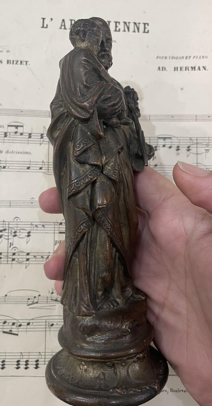 Rare Antique French St Joseph and Child Spelter Statue c1900