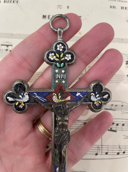 Antique Italian Micro Mosaic Micromosaic Cross Crucifix Bird Chalice Jubilee c1887