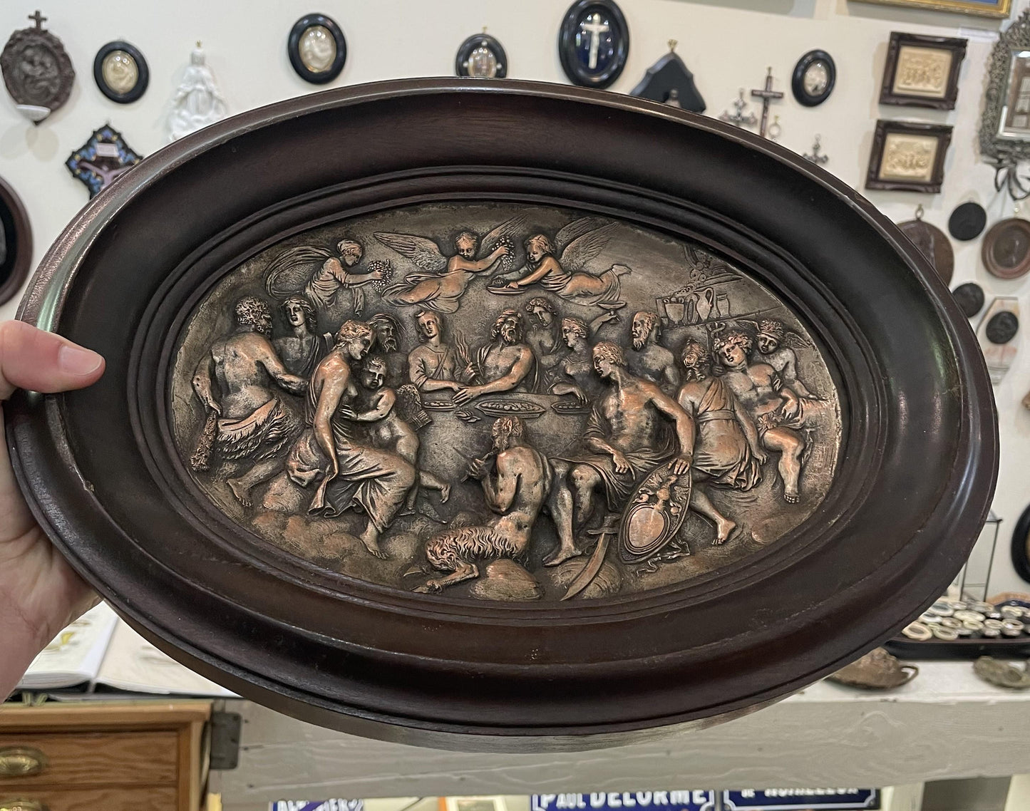 Rare Large Antique Greek Bronze Bas Relief Mythology Pan Angels c1880