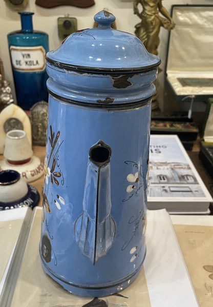 Rare Antique French Enamelware Coffee Pot Butterfly Flowers c1920