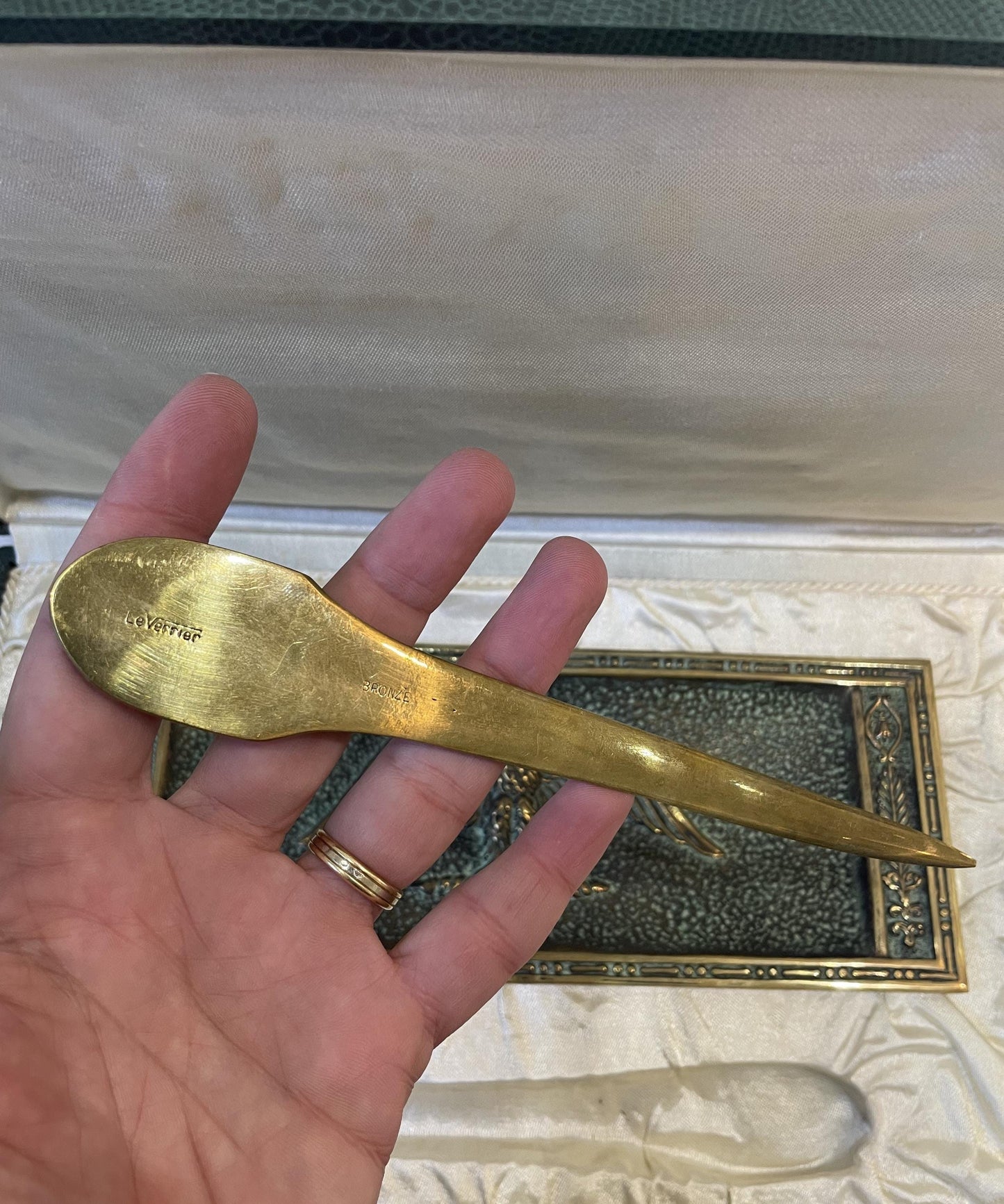 Rare Antique French Max Le Verrier Bronze Set Tray Letter Opener Eagle Original Box c1940