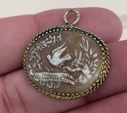 Antique French Art Nouveau Gold-Filled Shell Cameo Bird Pendant c1920