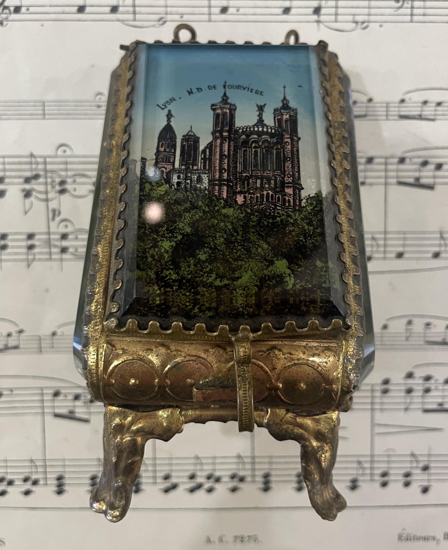 Antique French jewelry box / pocket watch holder with Notre Dame Fourviere Lyon c1900