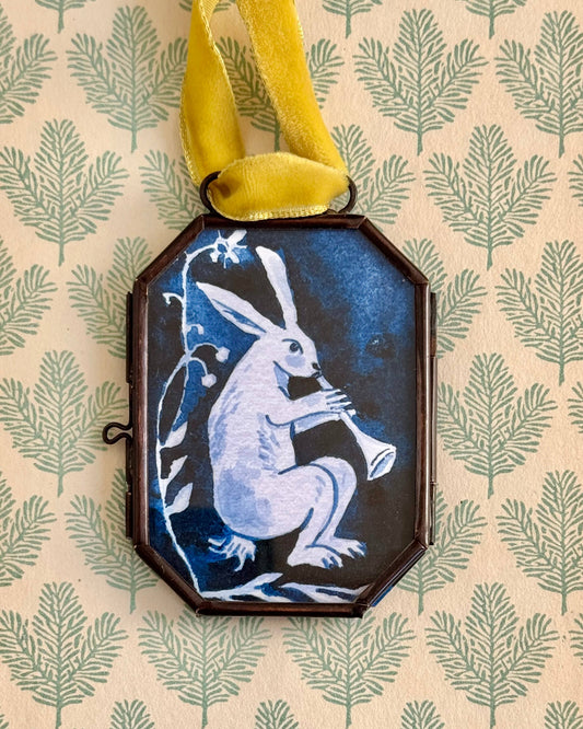 Festive Hare ~ Art Locket Blue Vintage Decor Handmade 