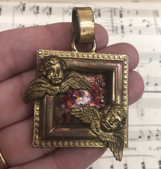 Rare Large Antique French Enamel on Copper Brass Angel Cherub Medal Signed Augis c1940